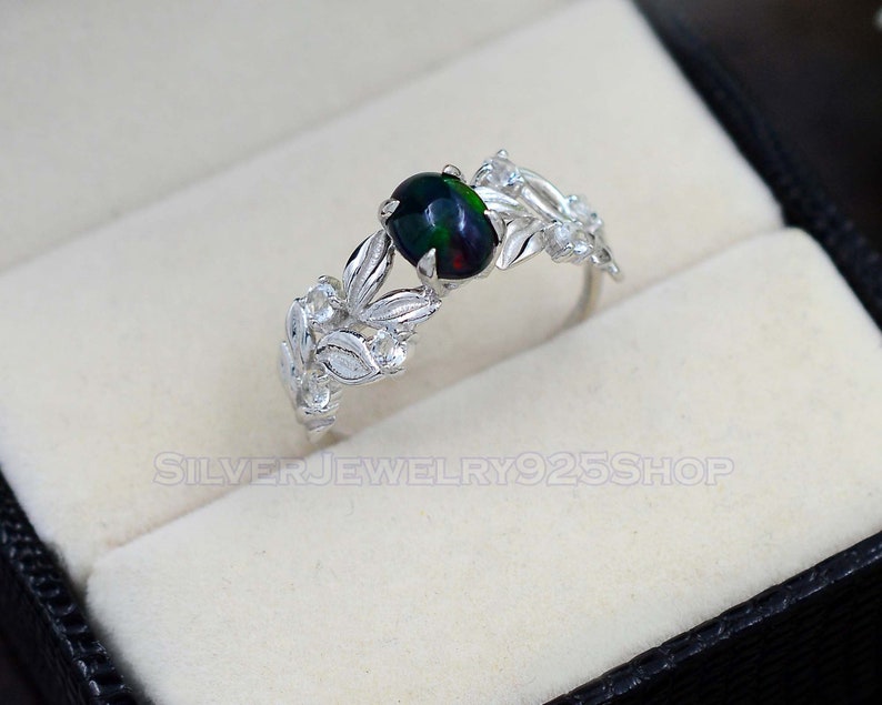 Natural Ethiopian Welo Black Opal Ring Solid 925 Sterling Silver Jewelry Solitaire Ring Wedding Ring Leaf Style Ring Anniversary Gift image 1