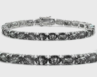Natural Black Rutile Quartz Bracelet, 925 Sterling Silver, Tennis Bracelet, Quartz Gemstone, Silver Jewelry, Wedding Bracelet, Gift For Her