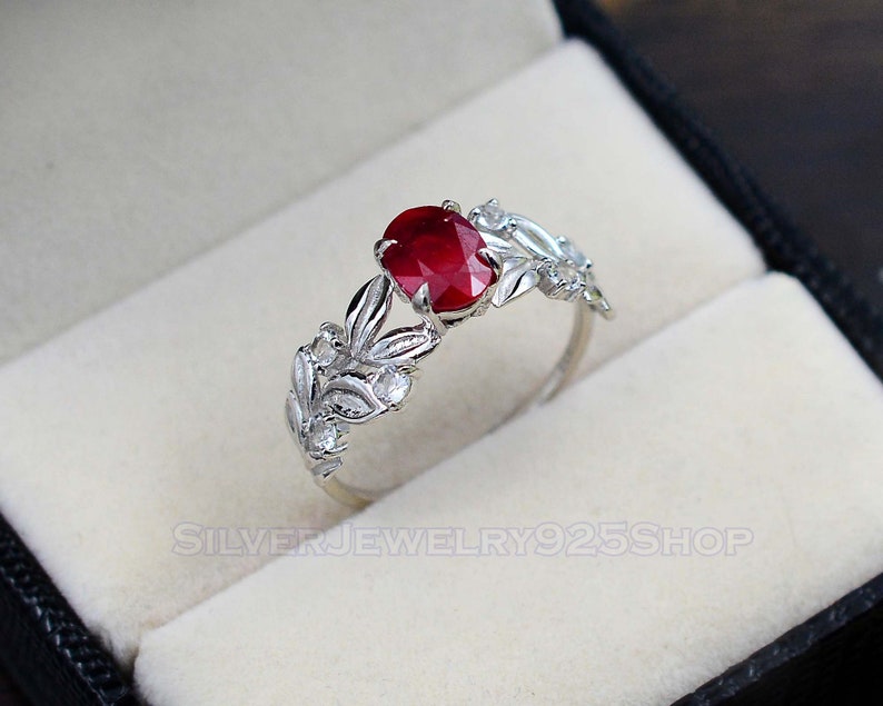 Women Ring Statement Ring Solitaire Ring July Birthstone\\ Wedding Ring\\ Gift For Her Leaf Ring 925 Sterling Silver Natural Ruby Ring