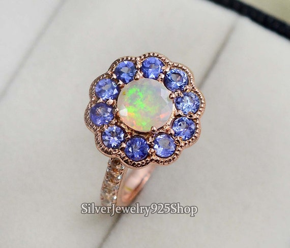 Natural Opal Tanzanite Ring Tanzanite Ring Ethiopian Welo Opal