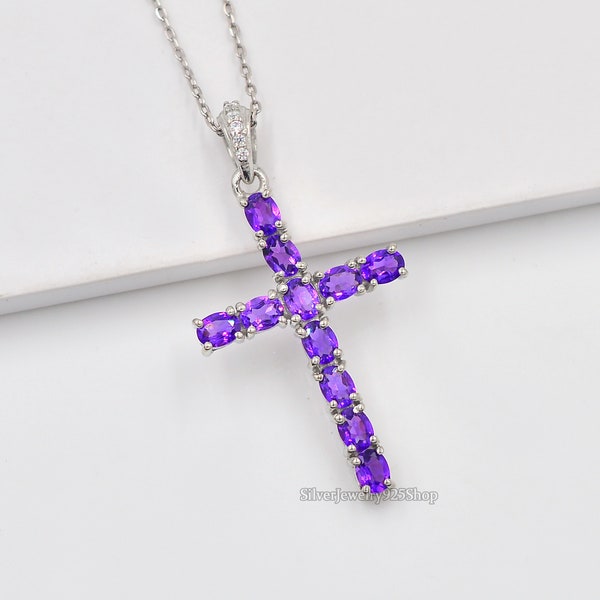 Natural Amethyst Holy Cross Pendant, 925 Sterling Silver, February Birthstone, Designer Women Necklace, Daily Wear Pendant, Gift For Wife