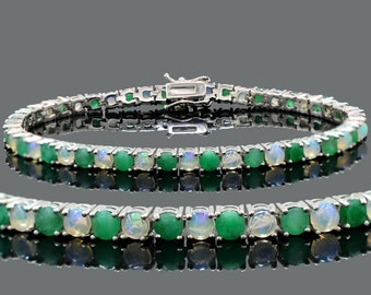 Natural Emerald & Opal Bracelet, 925 Sterling Silver, Tennis Bracelet, Gemstone Bracelet, Bracelet, Gift For Sister, Gift For Her