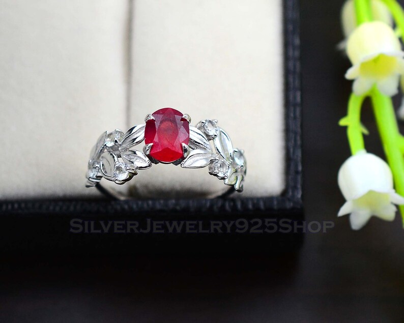 Women Ring Statement Ring Solitaire Ring July Birthstone\\ Wedding Ring\\ Gift For Her Leaf Ring 925 Sterling Silver Natural Ruby Ring