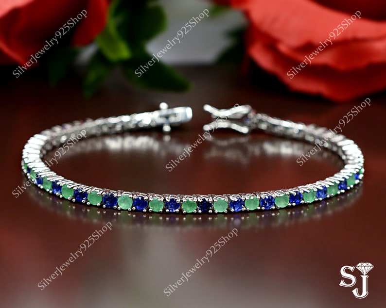 Natural Emerald & Kyanite Bracelet| 925 Sterling Silver| Two Stone Tennis shops Bracelet| Bridesmaid Bracelet| Women Bracelet| Gift For Wife