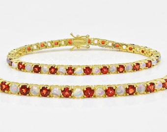 Natural Opal & Red Garnet Bracelet, 925 Sterling Silver, Tennis Bracelet, Birthstone Bracelet, Ethiopian Opal Jewelry, Gift For Girlfriend