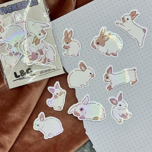 Handgemachtes Mini Vinyl-Sticker Set Holografisch für Laptop Tablet Wasserflasche Notizbuch Journal Kawaii Cute Little Bunnies Easter Rabbit