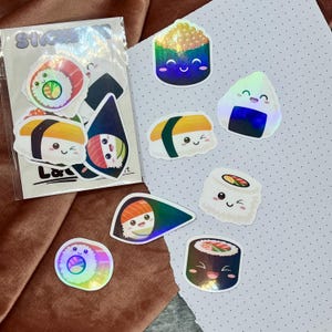 Handgemachtes Mini Vinyl-Sticker Set Holografisch für Laptop Tablet Wasserflasche Notizbuch Journal Kawaii Sushi Japanese Food