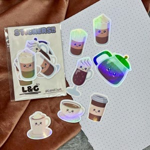 Handgemachtes Mini Vinyl-Sticker Set Holografisch für Laptop Tablet Wasserflasche Notizbuch Journal Kawaii Coffee Latte Frappe