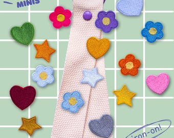 Colorful iron-on patches – Kawaii mini designs for creative projects – For DIY keychains – Cute flowers, hearts, stars