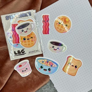 Handgemachtes Mini Vinyl-Sticker Set Holografisch für Laptop Tablet Wasserflasche Notizbuch Journal Kawaii Breakfast Frühstück