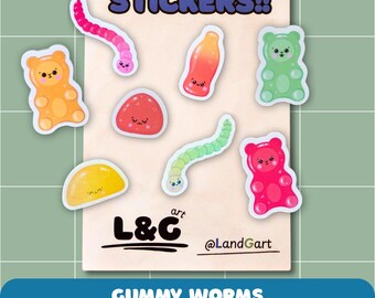 Handmade Mini Vinyl Sticker Set Holographic for Laptop Tablet Water Bottle Notebook Journal Kawaii Candy Gummy Sour Worms