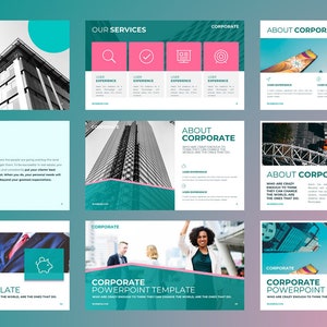 Könnte beinhalten: Eine Corporate-PowerPoint-Vorlage mit einem türkisfarbenen und rosafarbenen Farbschema. Die Vorlage enthält eine Vielzahl von Folien mit verschiedenen Layouts und Bildern. Die Folien enthalten Text über die Dienstleistungen des Unternehmens, über das Unternehmen und ein Zitat des CEOs. Die Vorlage enthält auch eine Folie mit einem Sparschwein-Symbol, das die finanzielle Stabilität darstellt.