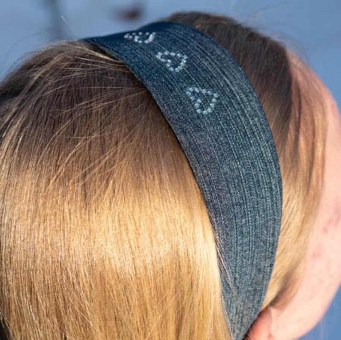 Handmade denim headband decorated with three heart made from Etsy
