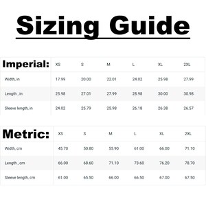 May include: Sizing guide for clothing in both imperial and metric measurements. The table shows sizes from XS to 2XL with corresponding measurements in inches and centimeters for width, length, and sleeve length.