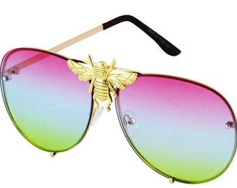 OVERSIZED Vintage DESIGNER Retro BIG BEE MOTH Style SUNGLASSES Gold Metal Frame