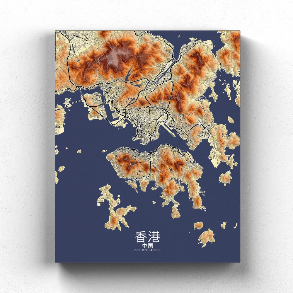Hong Kong Elevation Map Hong Kong China Elevation Map City Map Of Hong Kong | Etsy