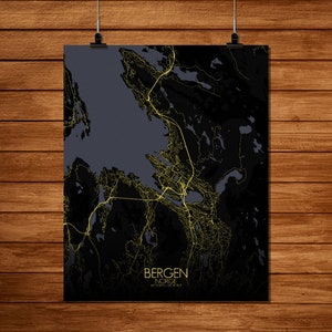 Bergen, Norvege, Europe | Carte urbaine, Toile, nuit, espace vert, texture, personnalisable, Poster, carte murale, frais port gratuits