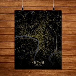 Vientiane, Laos | Impression de Carte urbaine, Toile, Nuit, Grande taille, Espace vert, Poster, carte murale, personnalisable, deco, cadeau
