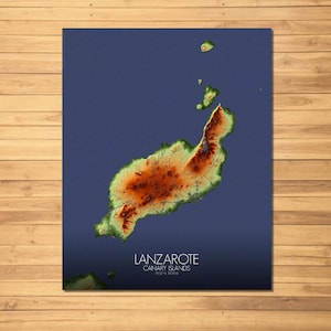 Lanzarote, Espagne | Elevation Map | Carte de l'Île de Lanzarote, toile, affiche des rues de la ville, art mural, impression d'art espagnol