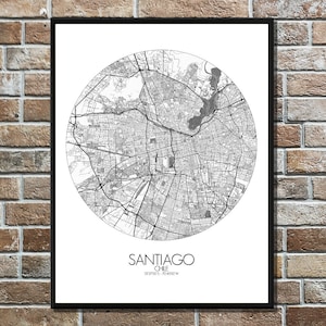 Santiago, Chile | Carte urbaine, Grande taille, Espaces verts, nuit, personnalisable, Poster, carte murale, frais port gratuits