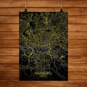 Hambourg, Allemagne, Europe | Carte urbaine, Grande taille, A2, A3, Espace vert, nuit, personnalisable, Poster, carte murale