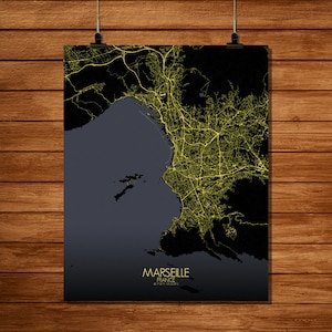 Marseille, France | Carte urbaine, Grande taille, Espace vert, nuit, personnalisable, Poster, carte murale, carte decorative, cadeau