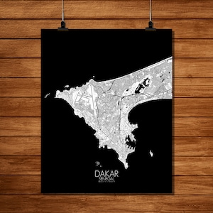Dakar, Senegal, Afrique | Carte urbaine, Toile, Grande taille, A2, A3, Espace vert, nuit, personnalisable, Poster, carte murale