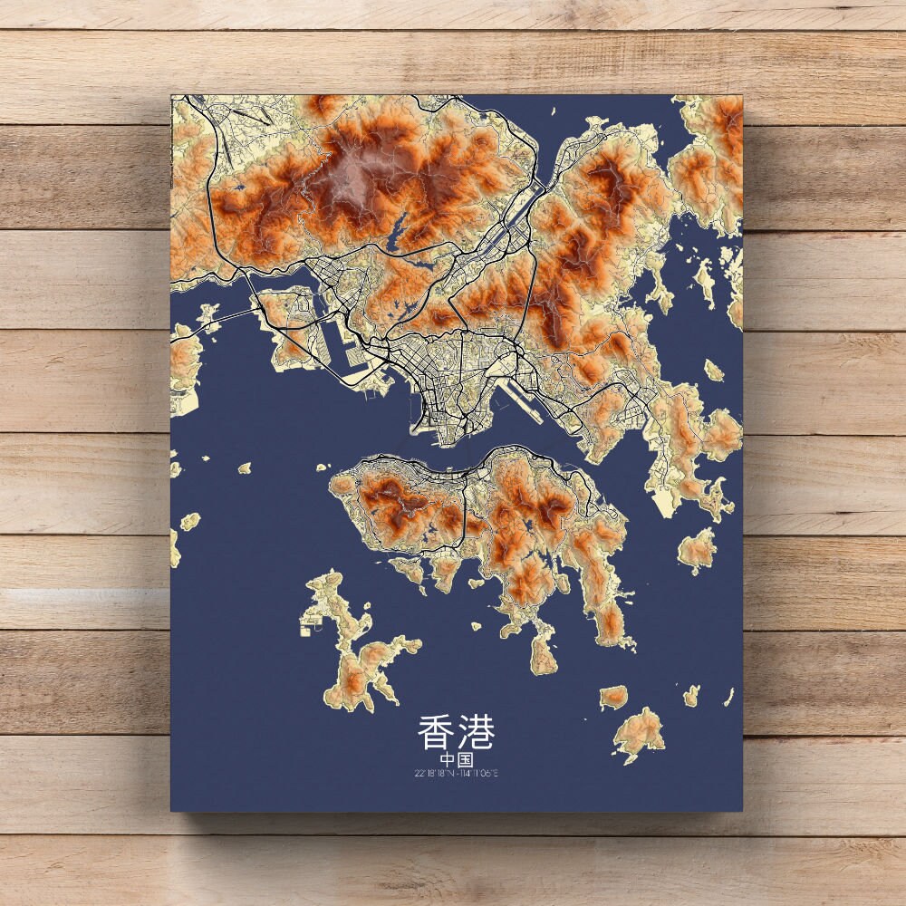 Hong Kong China Elevation Map City Map of Hong Kong Etsy