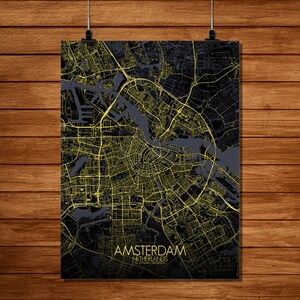 Amsterdam, Pays-bas, Europe | Carte urbaine, Grand, nuit, espaces verts, texture, personnalisable, Poster, carte murale, frais port gratuits