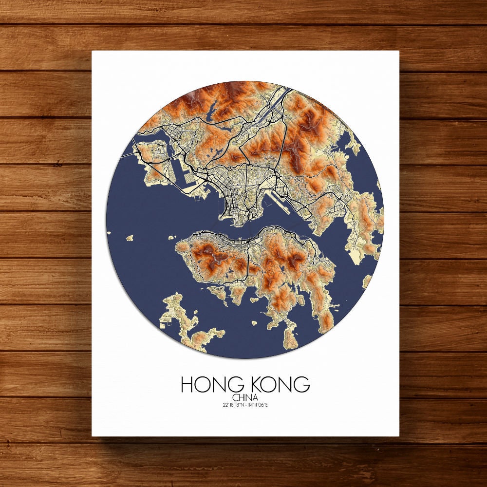 Hong Kong China Elevation Map City Map of Hong Kong Etsy