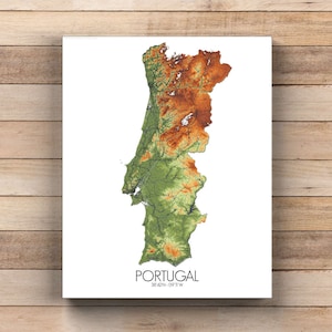 Portugal | Elevation Map | Map of Portugal, Canvas, City Streets Poster, City Streets Wall Art, portuguese Art Print Home, gift
