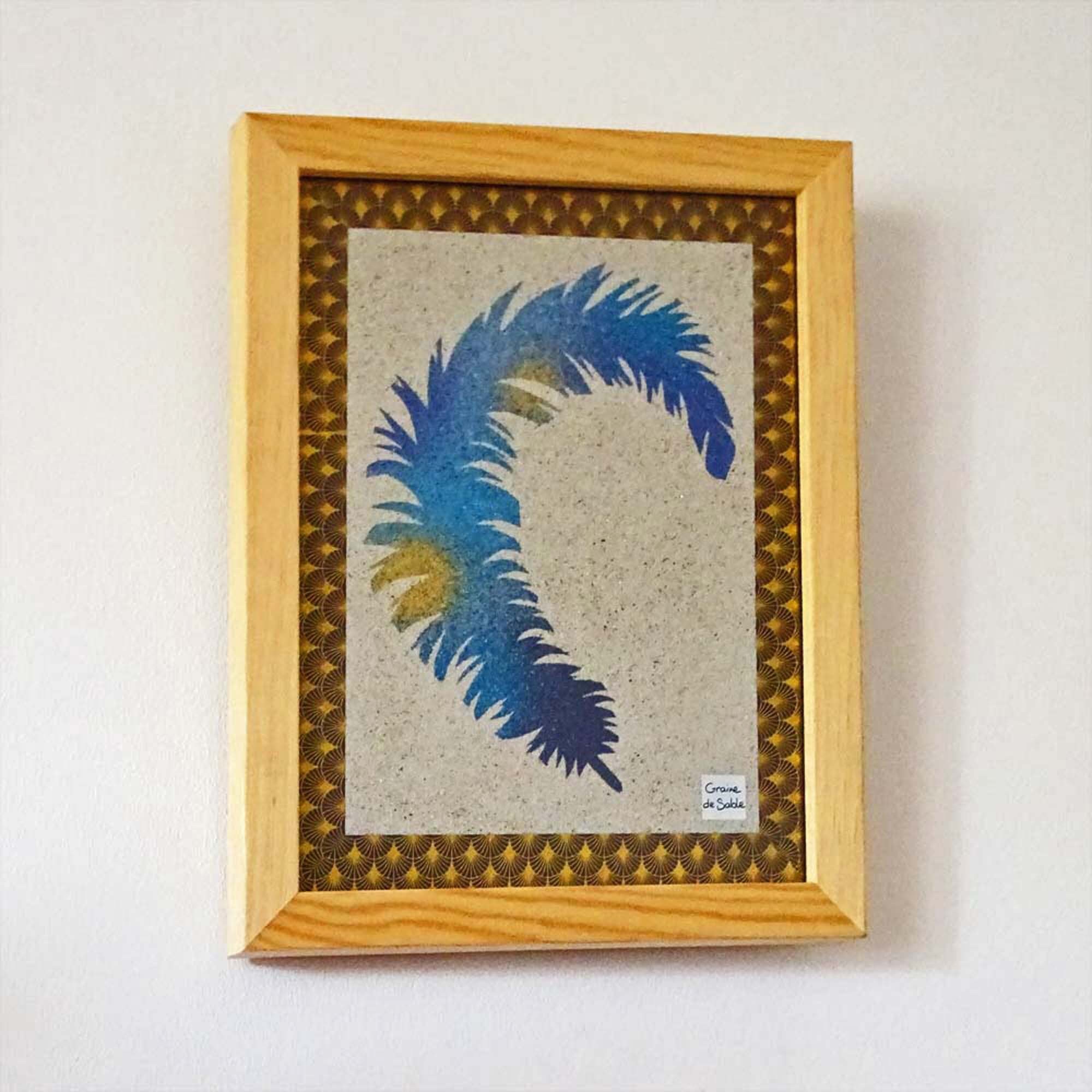 Tableau de Sable Plume Bleu et Or 18x24cm