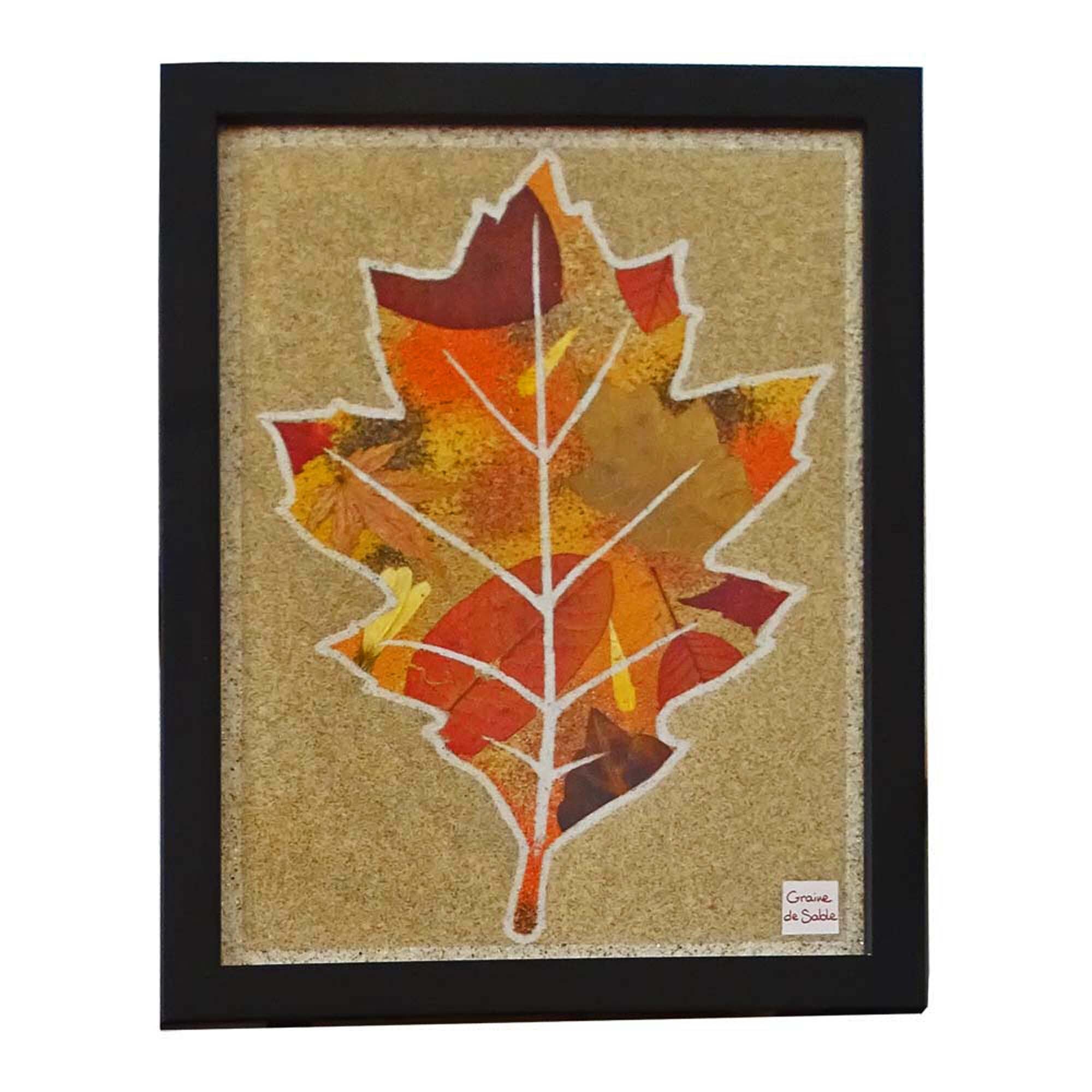 Tableau de Sable et Fleurs Séchées Feuillages Orange 18x24cm