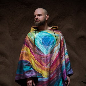 Rainbow Hooded Poncho, psychedelic, abstract, hippie, psy-trance, festival clothing, man woman unisex