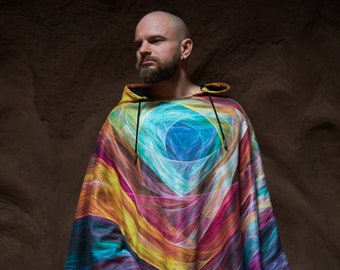 Tęczowe poncho z kapturem, psychodeliczny, abstrakcyjny, hippie, psy-trance, odzież festiwalowa, mężczyzna kobieta unisex