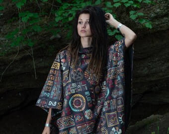 Tribal Hooded Poncho, ethnic, abstract, festival clothing, man woman unisex