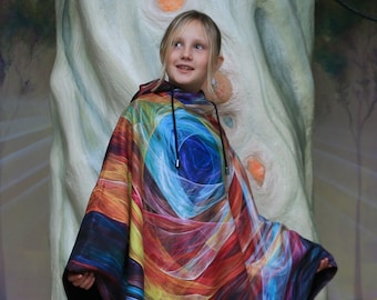 Rainbow Hooded Poncho, psychedelic, abstract, hippie, psy-trance, festival clothing, kids size, boys, girls, unisex