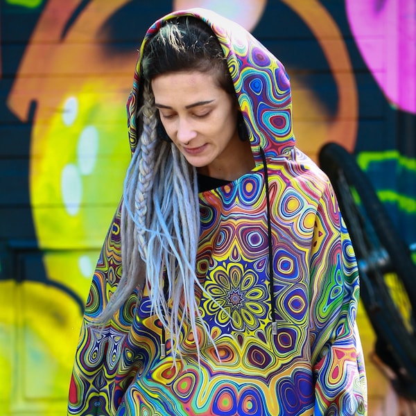 Mandala Hooded Poncho, psychédélique, abstrait, hippie, psy-transe, vêtements de festival, homme femme unisexe