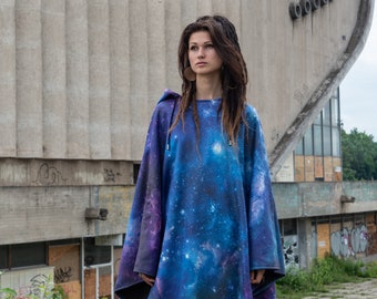 Cozmic Hooded Poncho, psychedelic, psy-trance, space, stars, festival clothing, man woman unisex