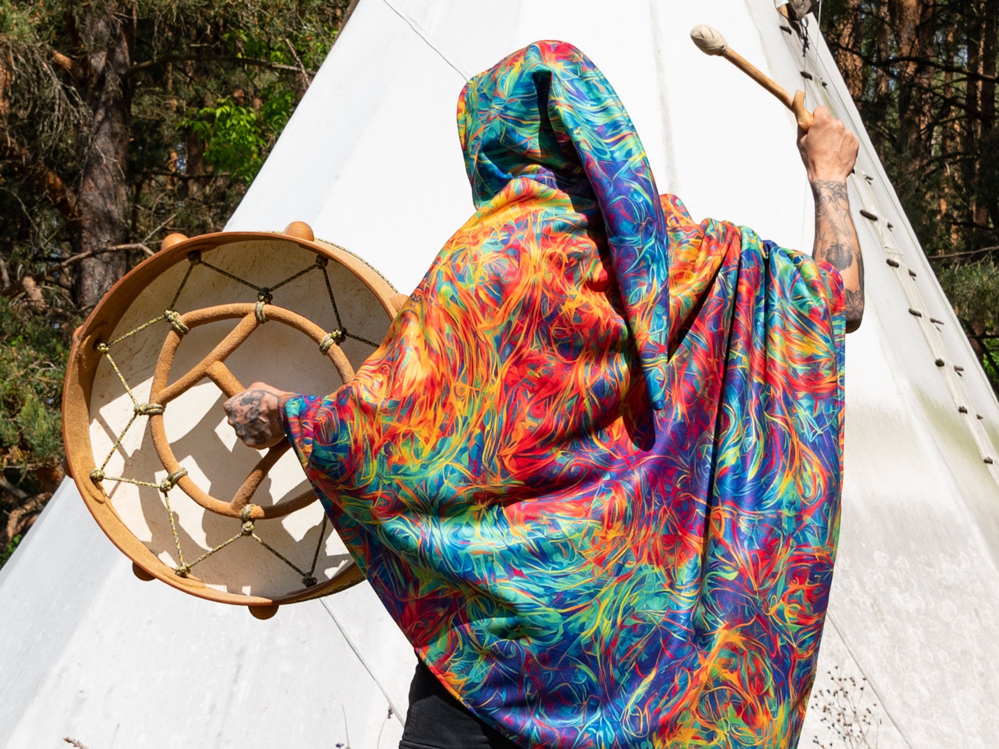 Shamanic Hooded Poncho, abstract, psychedelic, hippie, psy-trance, festival clothing, man woman unisex