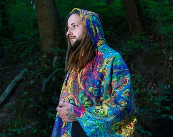 Psychedelic Hooded Poncho, abstract, hippie, psy-trance, festival clothing, man woman unisex