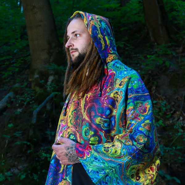 Psychedelic Hooded Poncho, abstract, hippie, psy-trance, festival clothing, man woman unisex