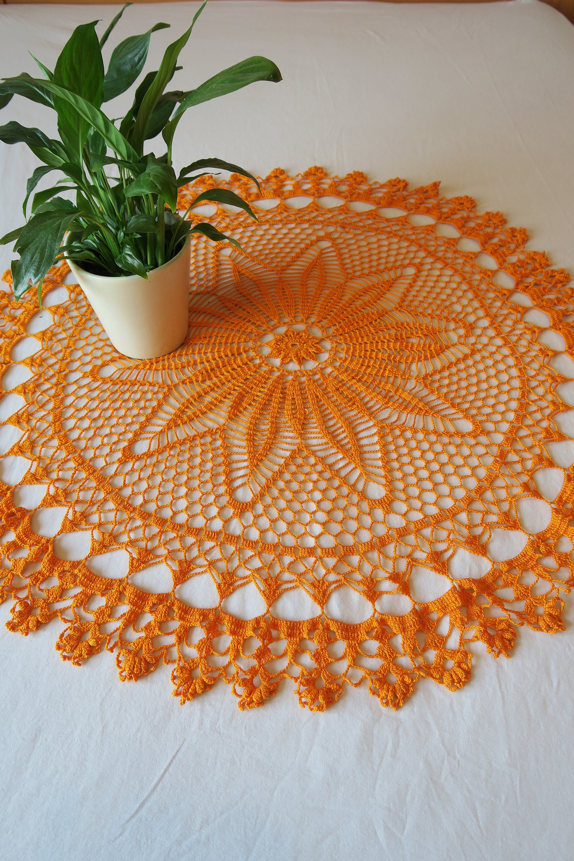 Nappe Grand Napperon Centre de Table Coton Orange Au Crochet Vintage 1970 70S