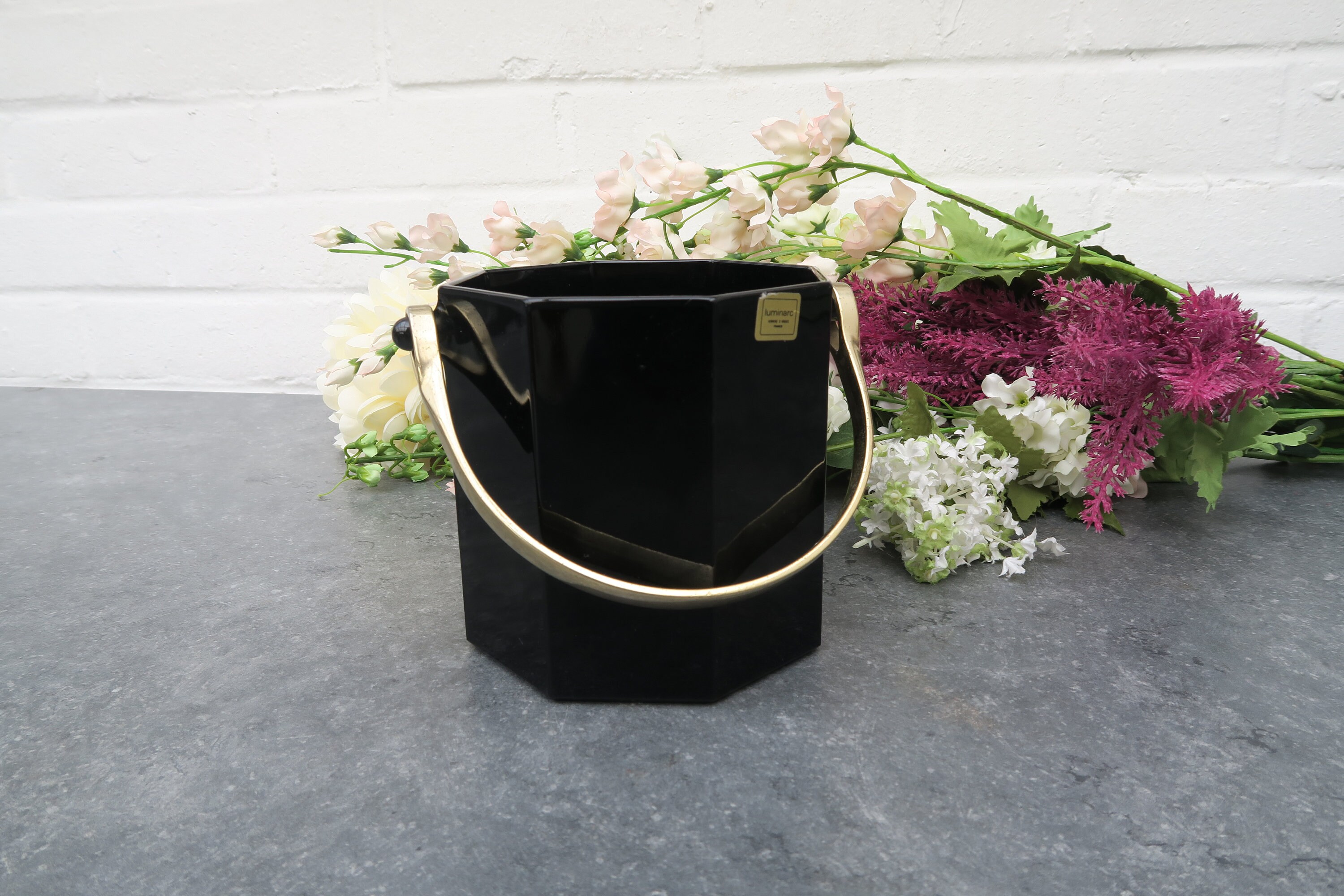 Seau à Glace Glaçons en Verre Noir Poignée Chromée Arcoroc Luminarc Série Octime Vintage France