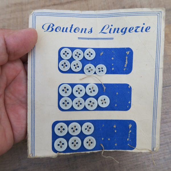 20 old white buttons for lingerie on blue and white cardboard, old French haberdashery