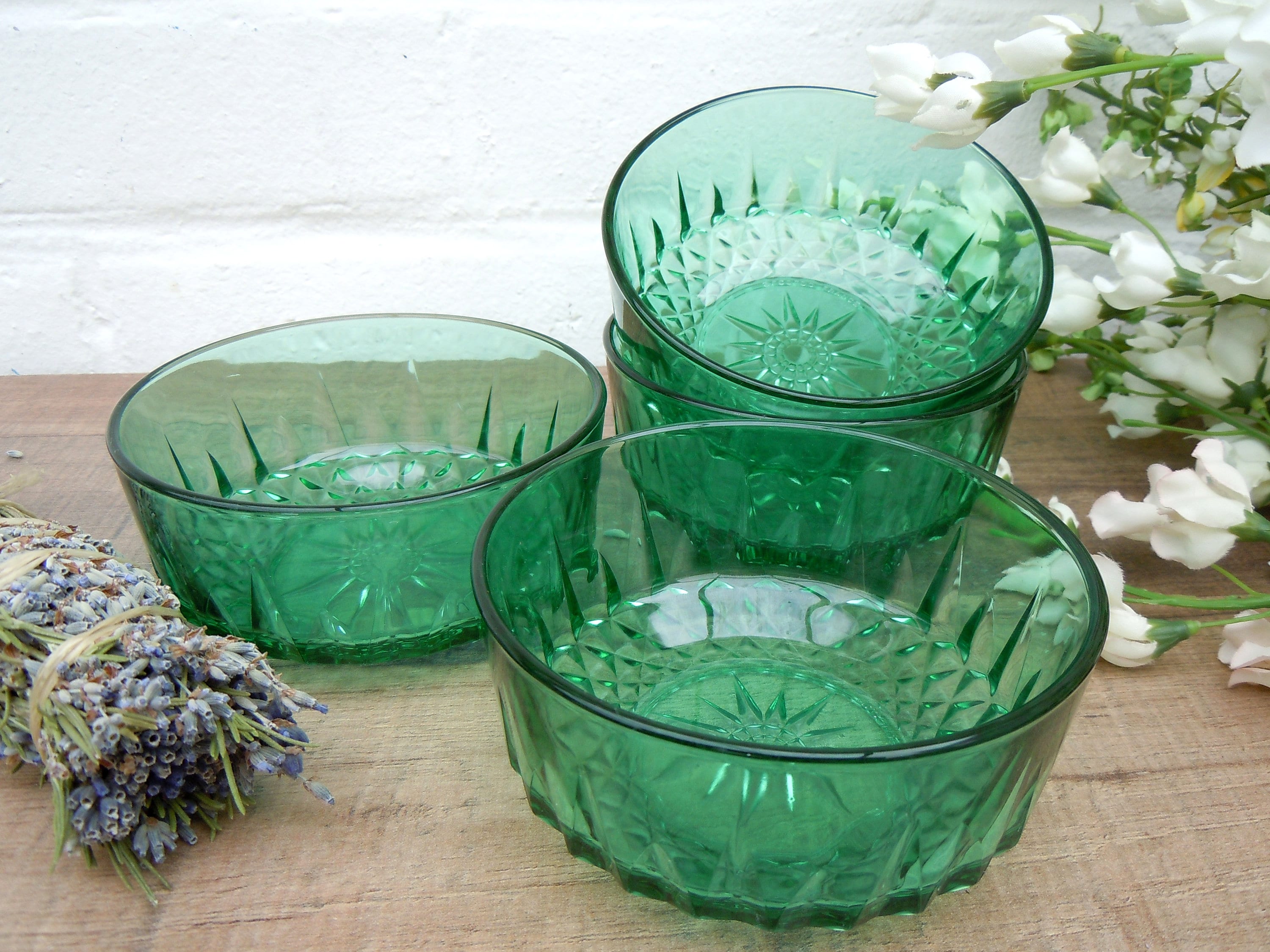 Saladier Vert émeraude Arcoroc Avec 6 Coupelles – Verre Résistant, Service Vaisselle Vintage