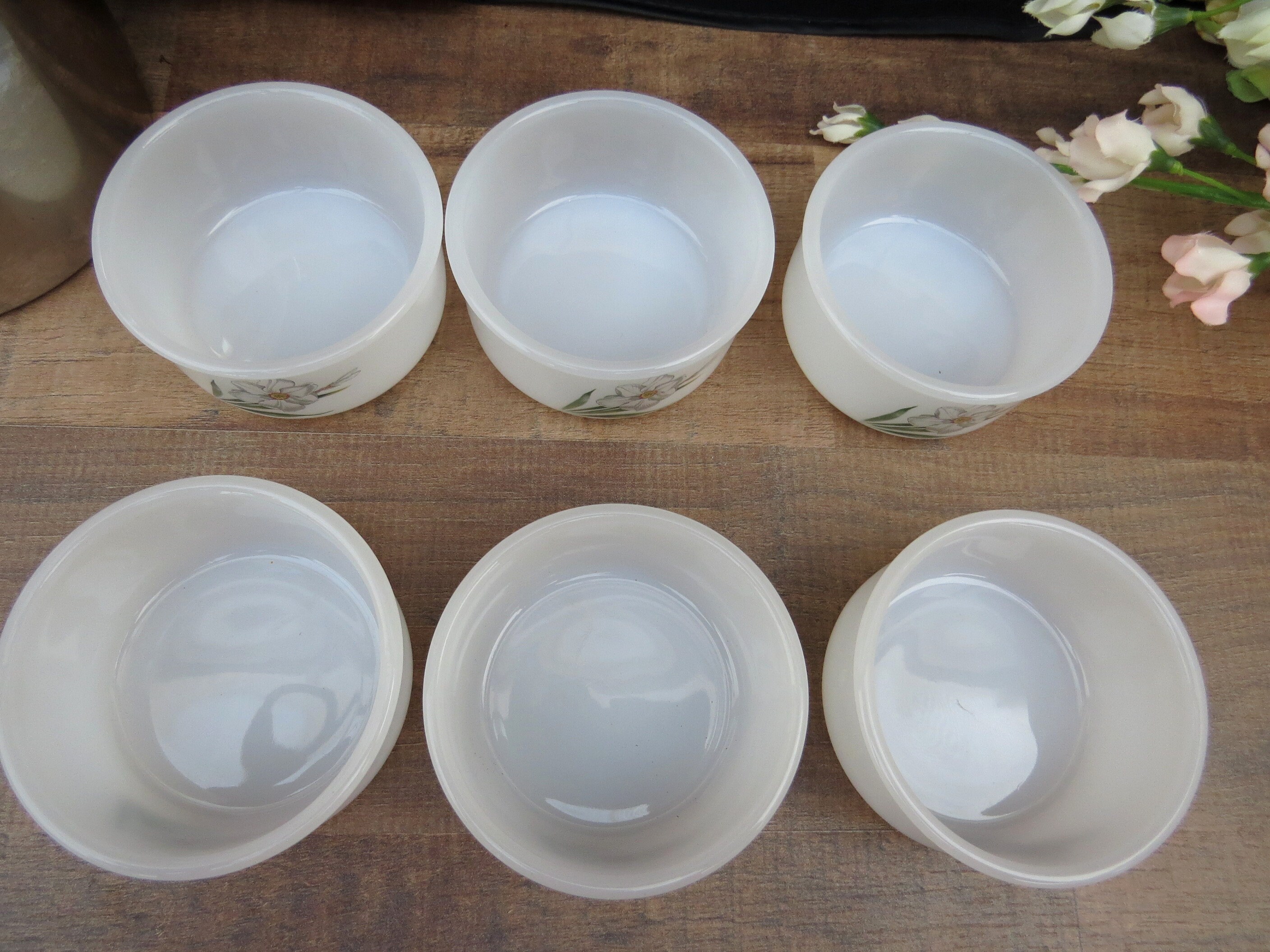 Lot De 6 Ramequins Opaline Arcopal France, Verre, Liseré Doré, Occasion