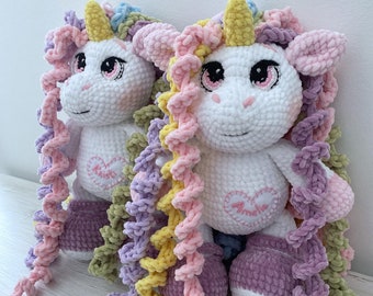 14,5" Personalized customized Unicorn Toy Crochet Birthday Gift Baby Shower Newborn plush big doll with colorful curls for kids girl toddler