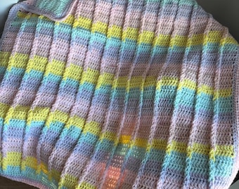 Handmade Crochet Baby Blanket – Soft Pastel Striped Baby Afghan, Gender Neutral Baby Shower Gift, Cozy Newborn Blanket, Nursery Decor