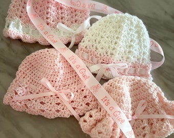 Babymeisjeshoeden - gehaakte mutsen - pasgeboren hoed - pasgeboren meisjescadeaus, babyshowercadeaus - roze hoeden - witte meisjeshoeden